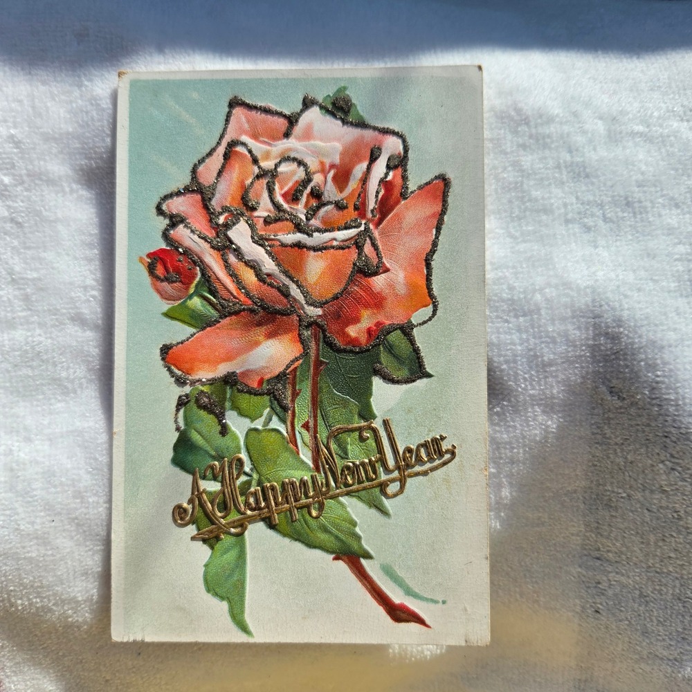 Antique Happy New Year Embossed Rose Postcard Made in Germany 1909